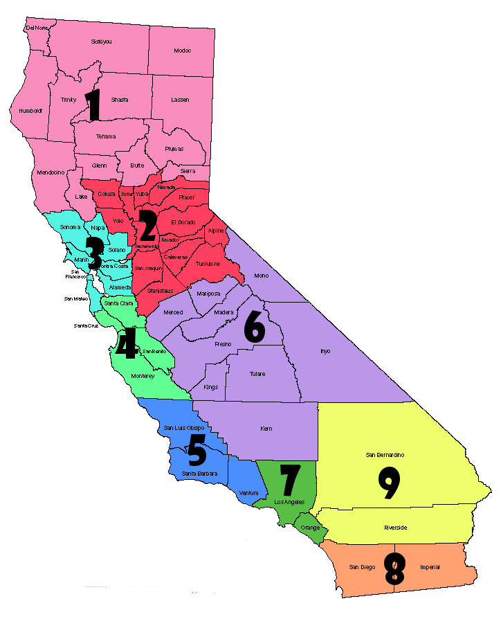color coded CA map by region. Please see region list to the right for more information
